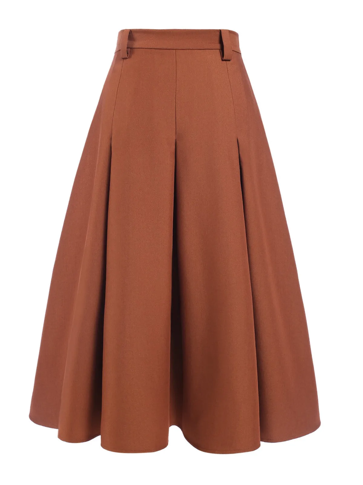 Brown 1940s Solid A-Line Pleated Skirt