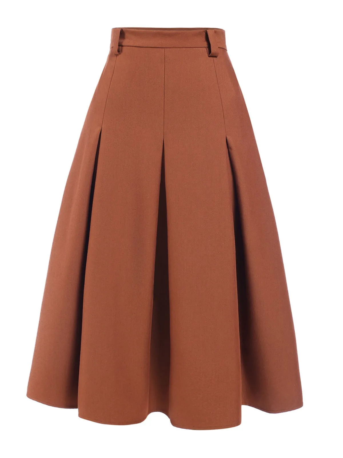 Brown 1940s Solid A-Line Pleated Skirt