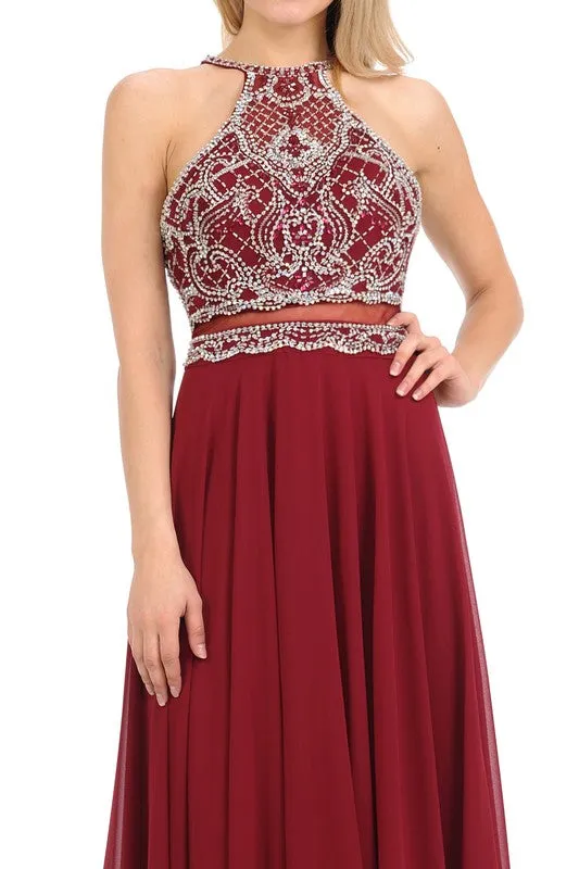 Burgundy Sheer Illusion Halter Razor Embellish Prom Dress