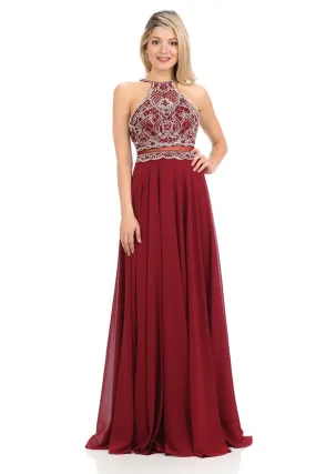 Burgundy Sheer Illusion Halter Razor Embellish Prom Dress