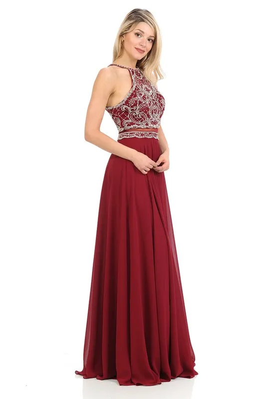 Burgundy Sheer Illusion Halter Razor Embellish Prom Dress