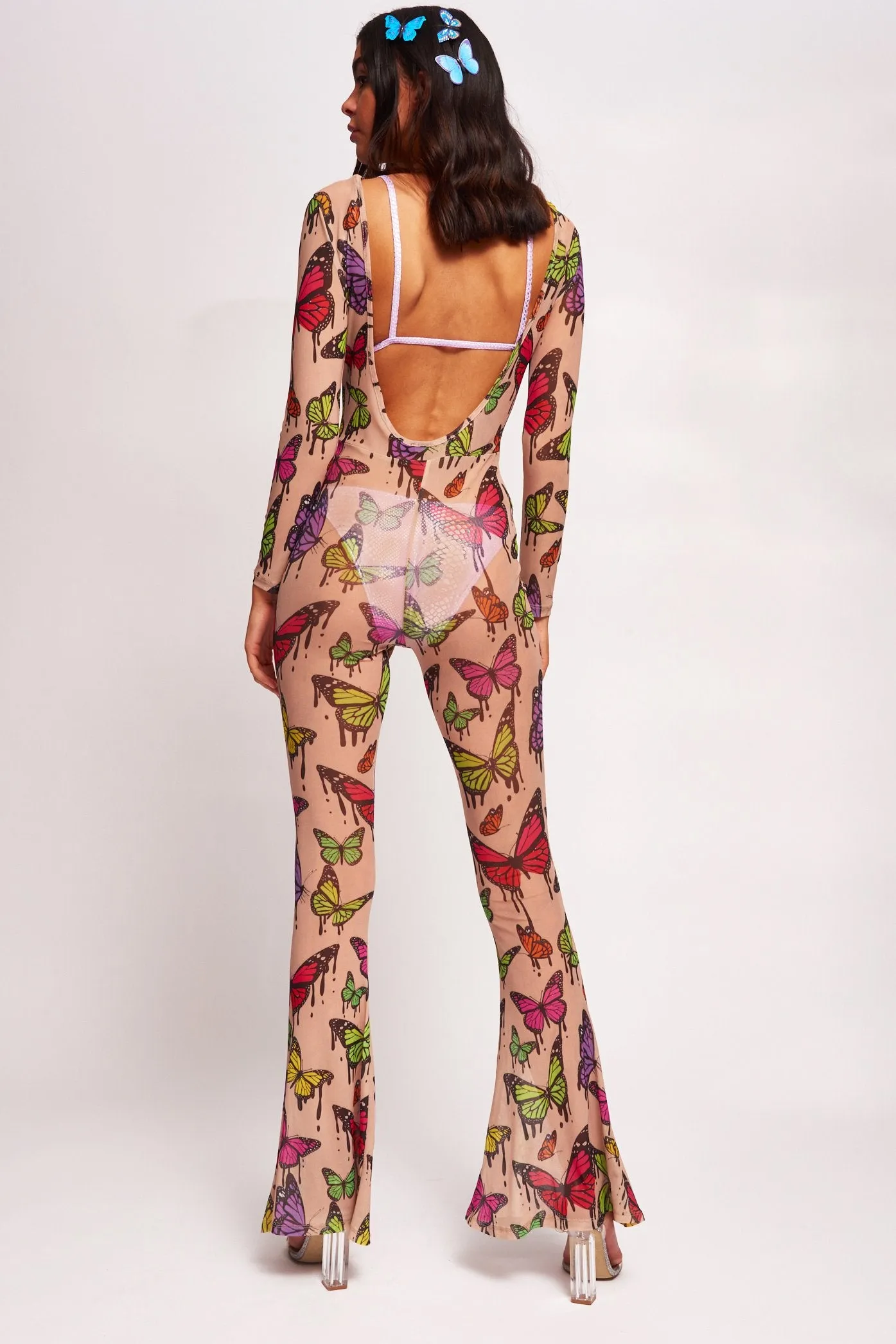 Butterfly Print Mesh Flared Leg Catsuit