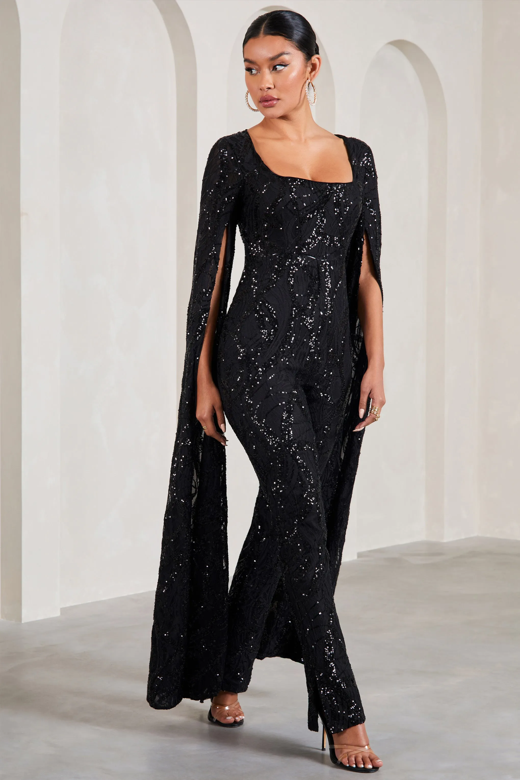 Cher | Black Sequin Lace Square-Neck Jumpsuit With Cape Sleeves