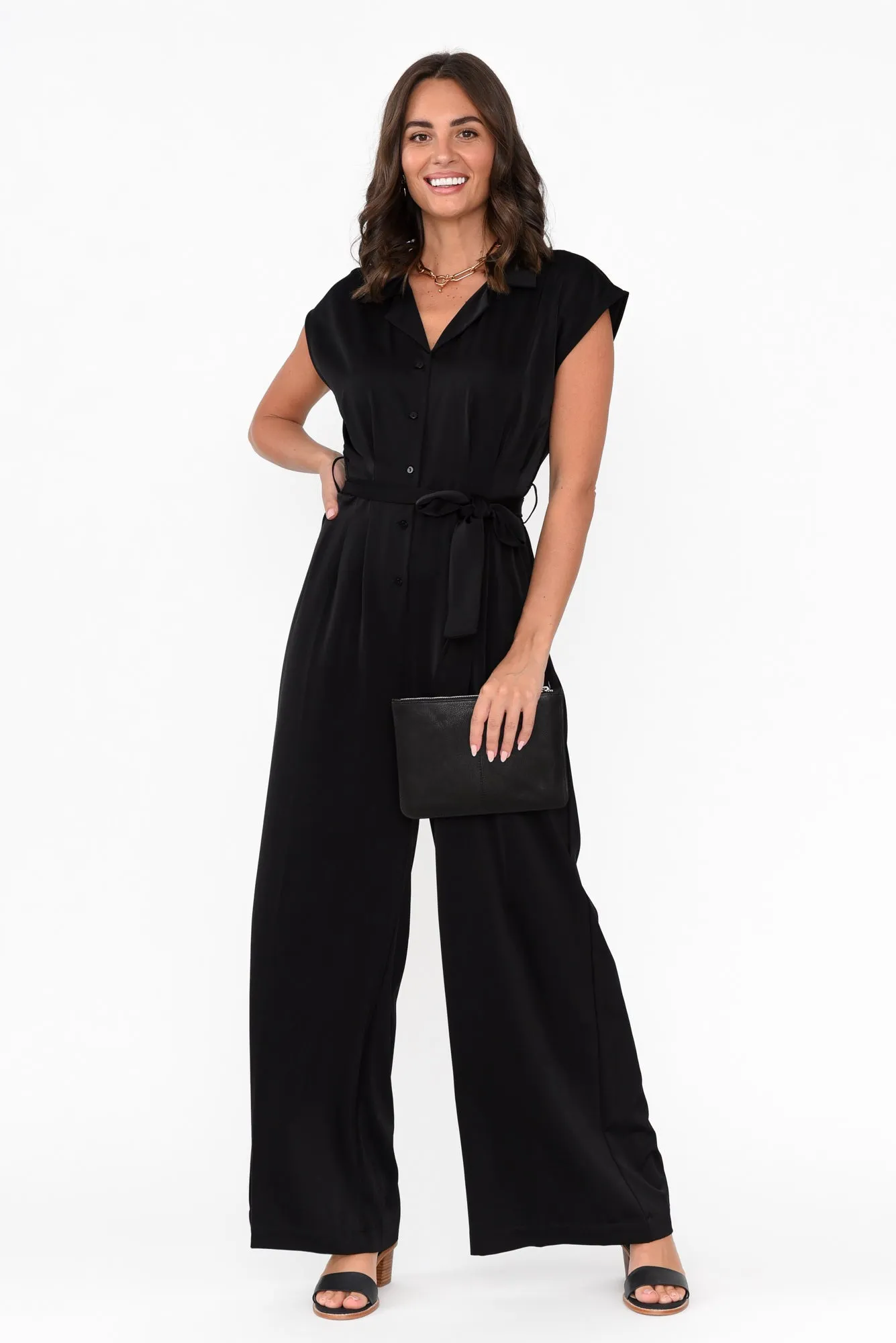 Chiara Black Satin Wide Leg Jumpsuit