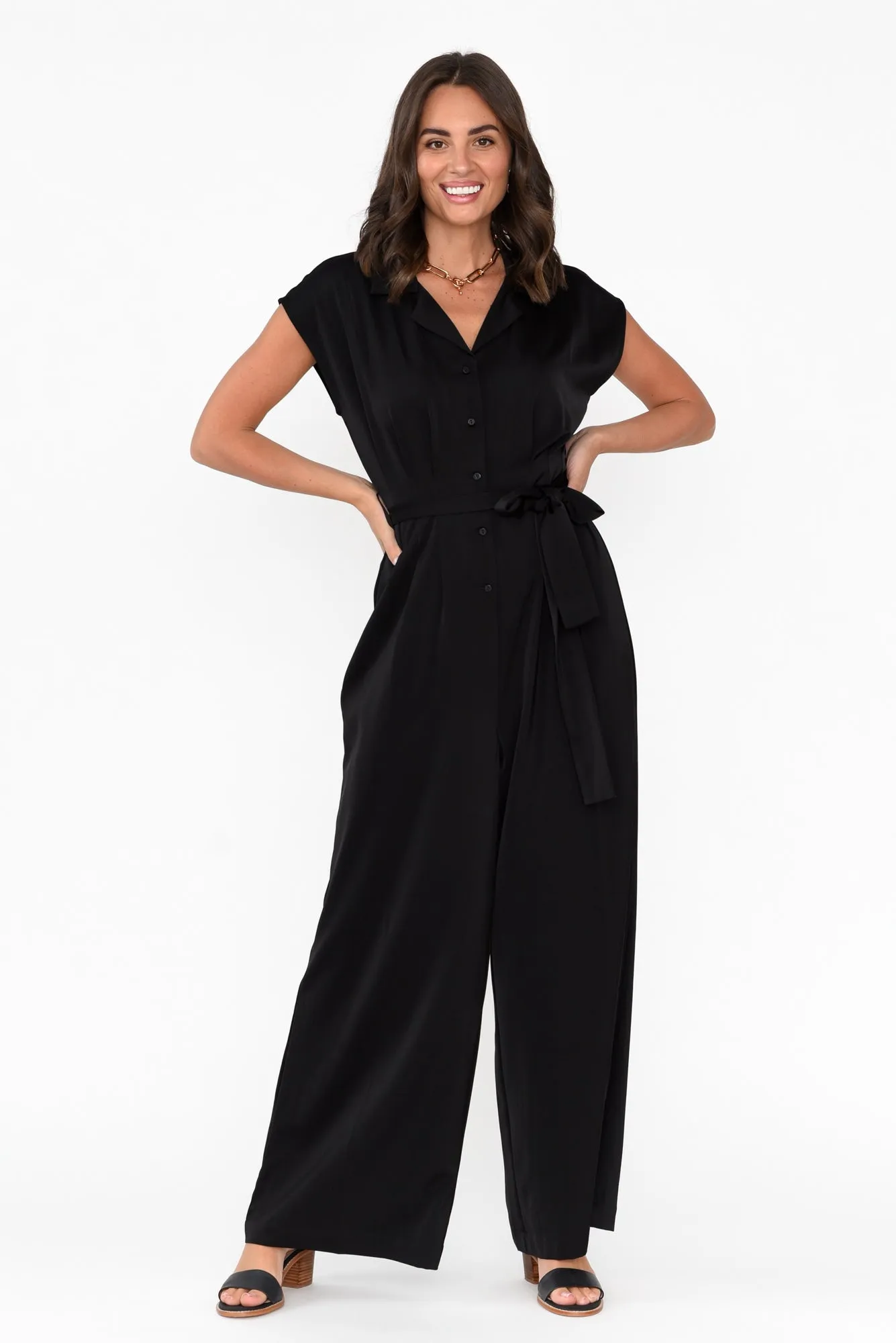 Chiara Black Satin Wide Leg Jumpsuit