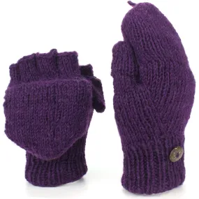 Chunky Wool Knit Fingerless Shooter Gloves - Plain - Purple