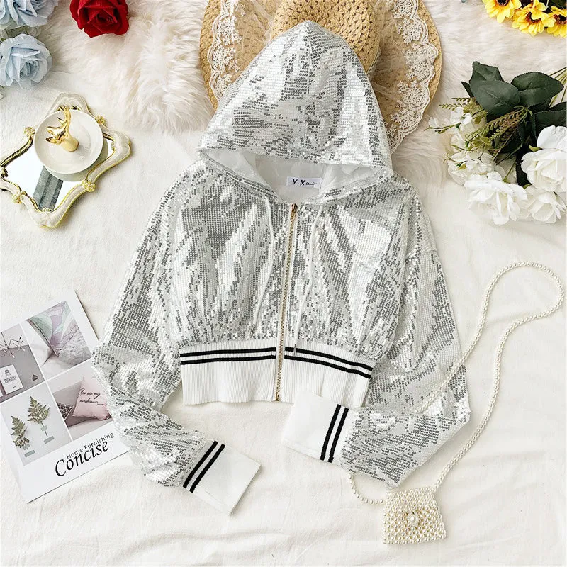 Coat Korean versatile Sequin hooded cardigan jacket  1654