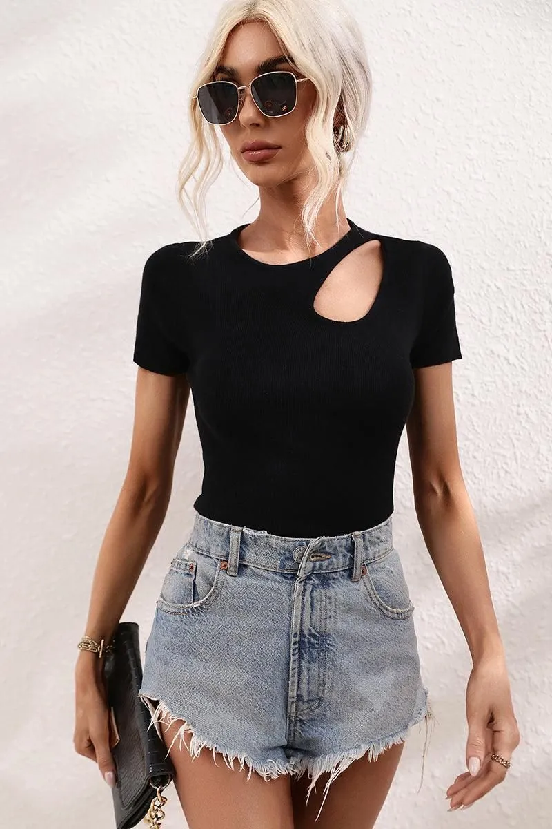 CUT OUT NECK SHORT SLEEVE CASUAL TOP