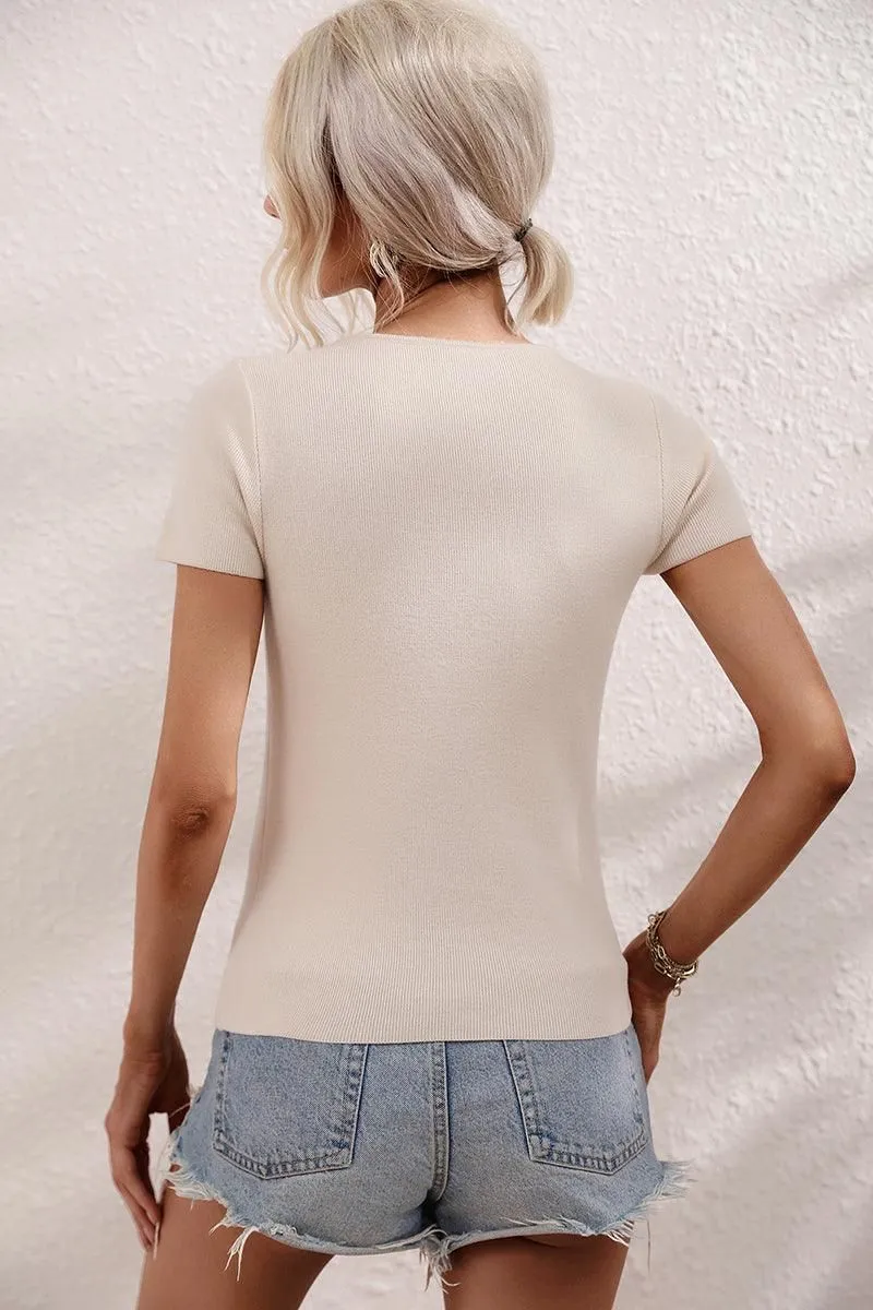 CUT OUT NECK SHORT SLEEVE CASUAL TOP