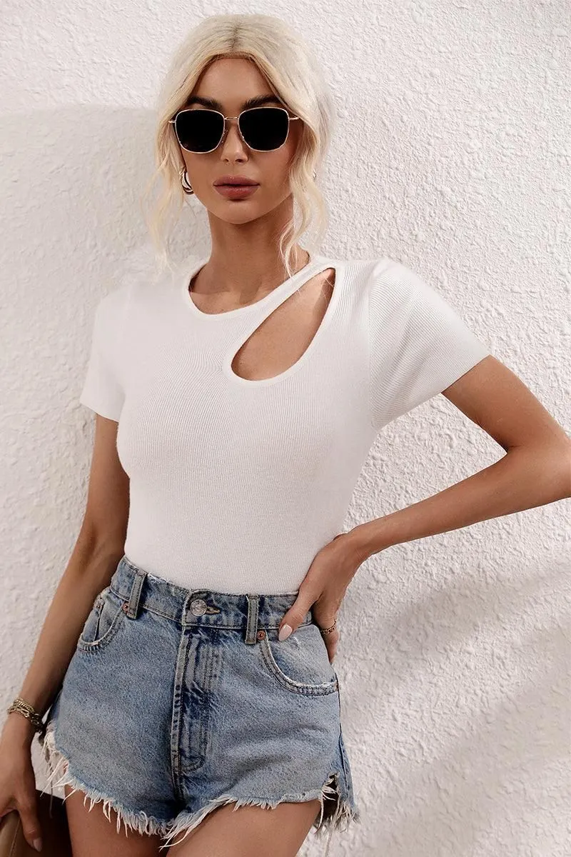 CUT OUT NECK SHORT SLEEVE CASUAL TOP