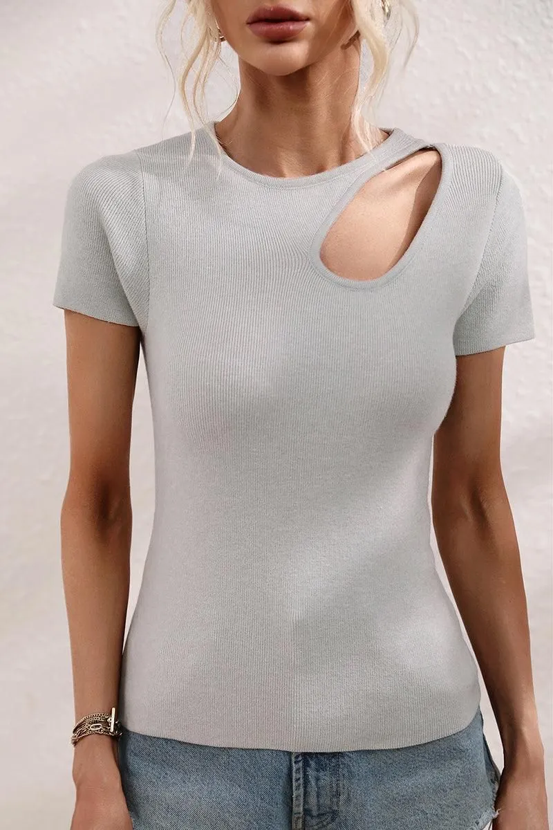 CUT OUT NECK SHORT SLEEVE CASUAL TOP