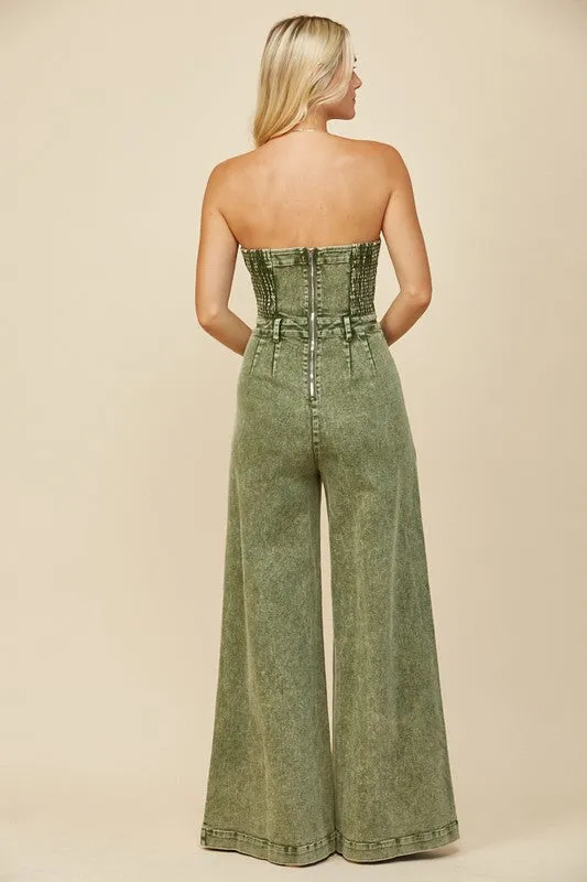 Dani Wide Leg Mineral Wash Tube Top Denim Jumpsuit