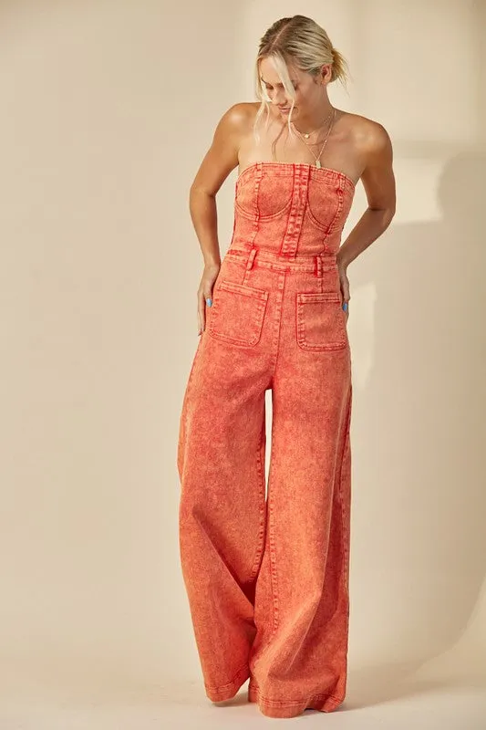 Dani Wide Leg Mineral Wash Tube Top Denim Jumpsuit