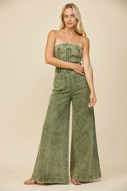 Dani Wide Leg Mineral Wash Tube Top Denim Jumpsuit