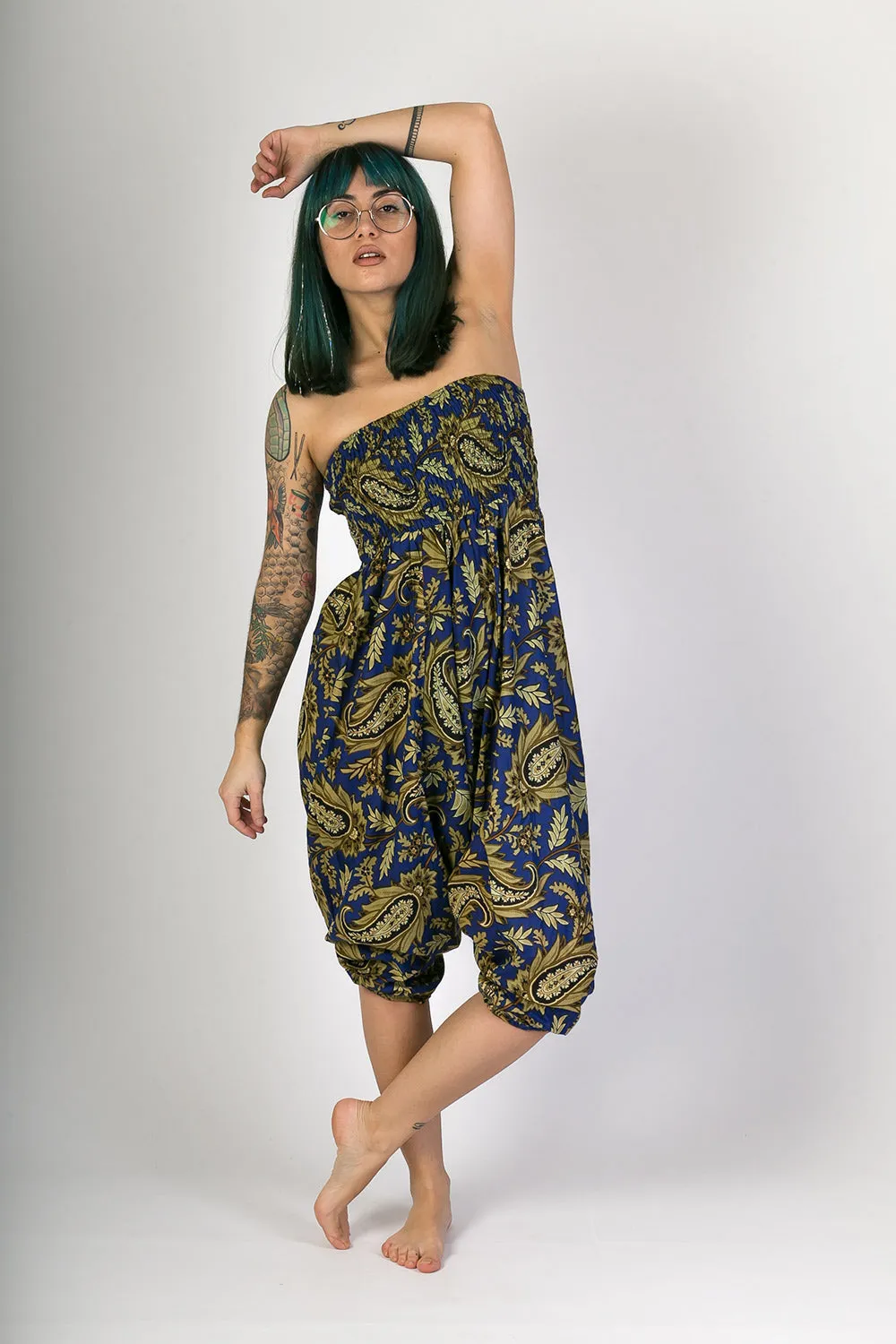 Dark Blue Floral Print Cotton Harem Yoga Jumpsuit Pants