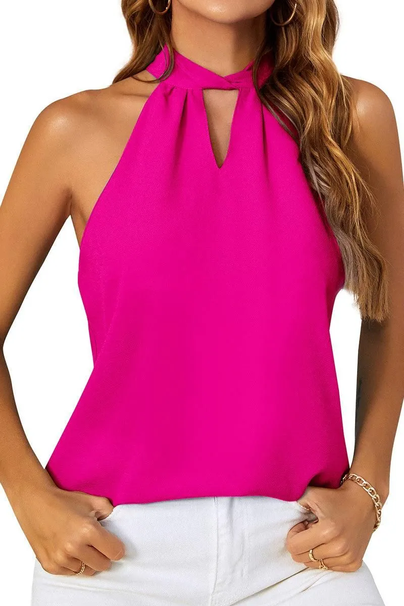 DEEP HOLE NECK BACK TIED HALTER TOP