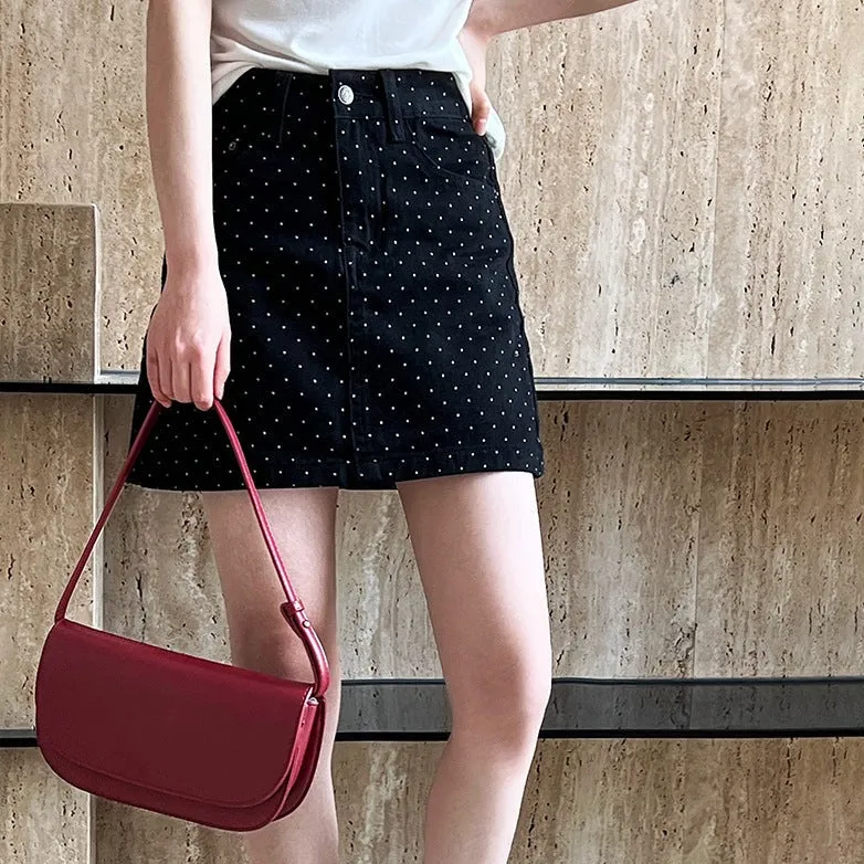 Denim Skirt High Waist Polka Dot Short A-line Skirt for Women