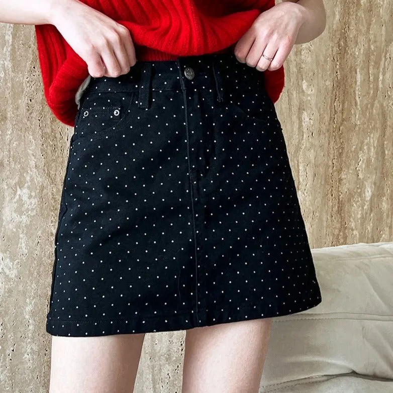 Denim Skirt High Waist Polka Dot Short A-line Skirt for Women