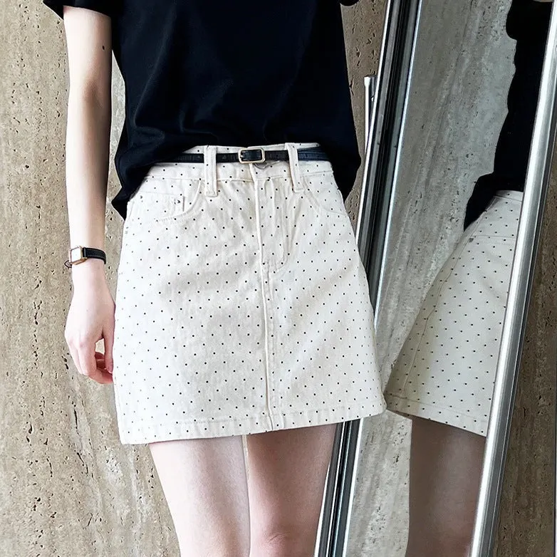 Denim Skirt High Waist Polka Dot Short A-line Skirt for Women