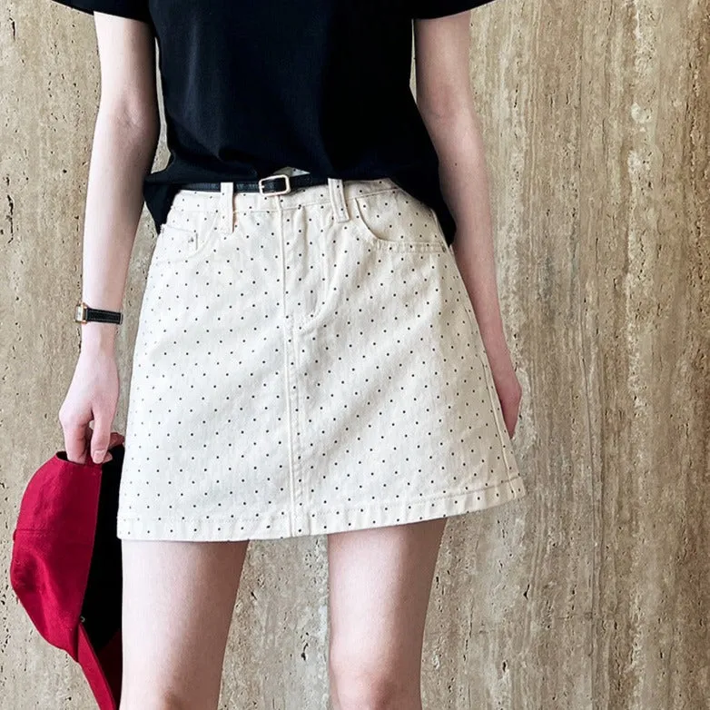 Denim Skirt High Waist Polka Dot Short A-line Skirt for Women