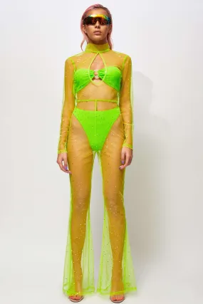 Diamante Neon Green Mesh Keyhole Flared Leg Catsuit