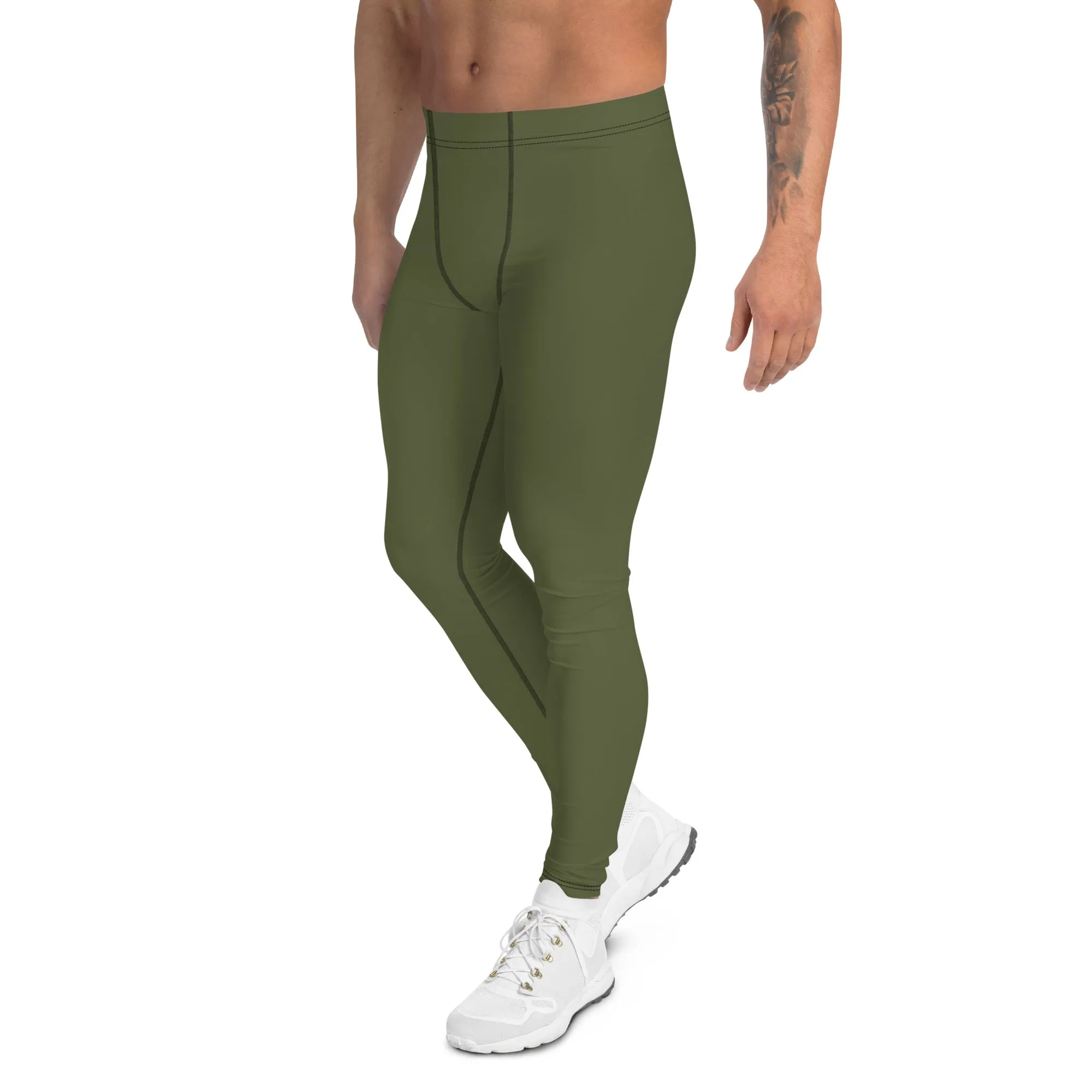 Dirty Green Solid Men's Leggings, Solid Dark Green Color Men's Running Sports Gym Tights