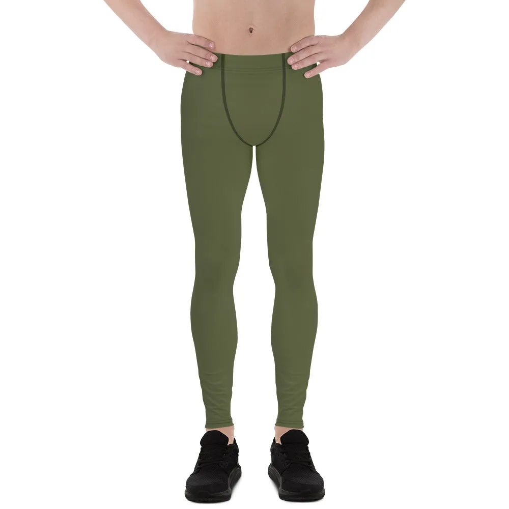 Dirty Green Solid Men's Leggings, Solid Dark Green Color Men's Running Sports Gym Tights