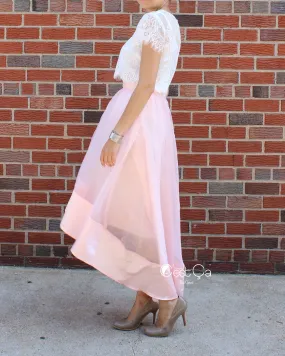 Donna Blush Pink High-Low Satin Organza & Tulle Skirt