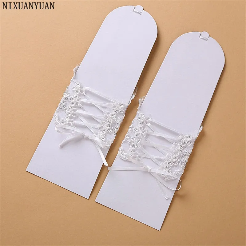 Elegant Beaded Lace Satin Short Bridal Fingerless Gloves-Bridal Accessories