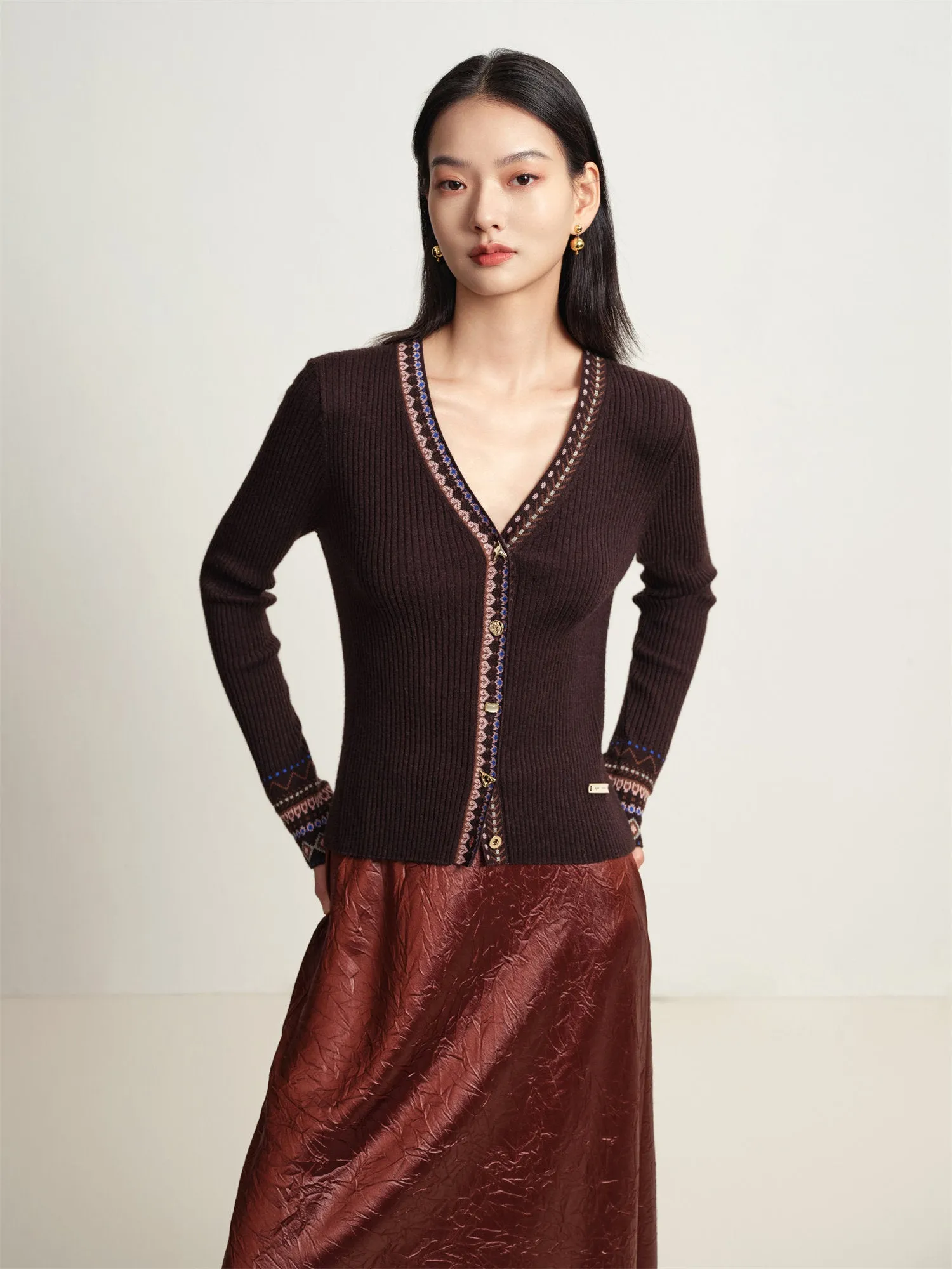 EP YAYING Ethnic Jacquard Knitted Cardigan