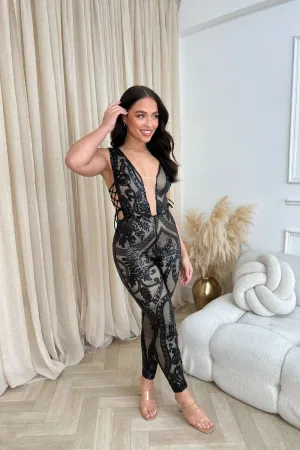 Epic Black Luxe Deep Plunge Illusion Tie Sequin Mesh Embellished Jumpsuit