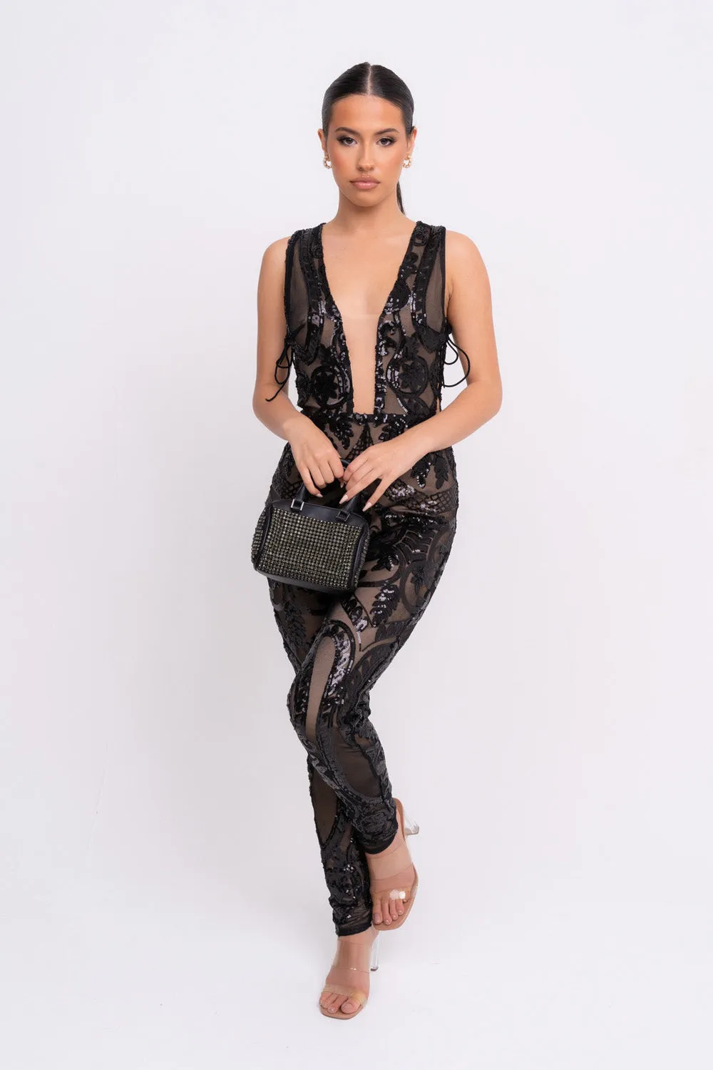 Epic Black Luxe Deep Plunge Illusion Tie Sequin Mesh Embellished Jumpsuit