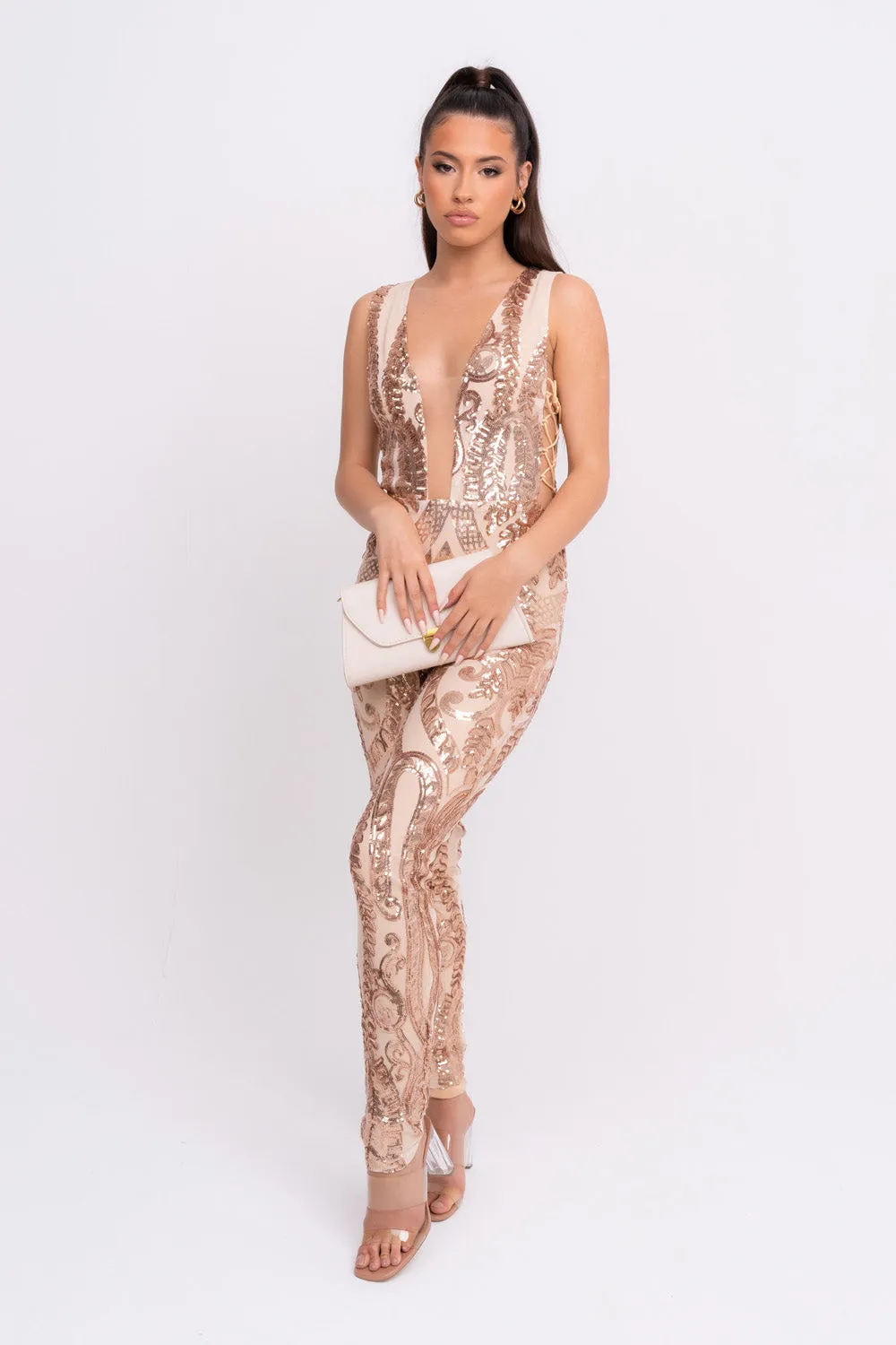 Epic Gold Luxe Deep Plunge Illusion Tie Sequin Mesh Embellished Jumpsuit