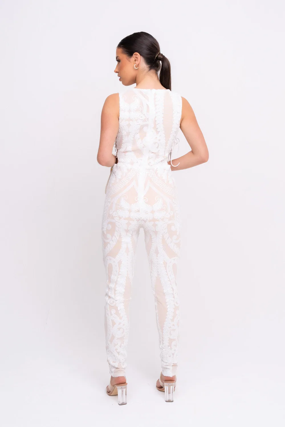 Epic White Luxe Deep Plunge Illusion Tie Sequin Mesh Embellished Jumpsuit