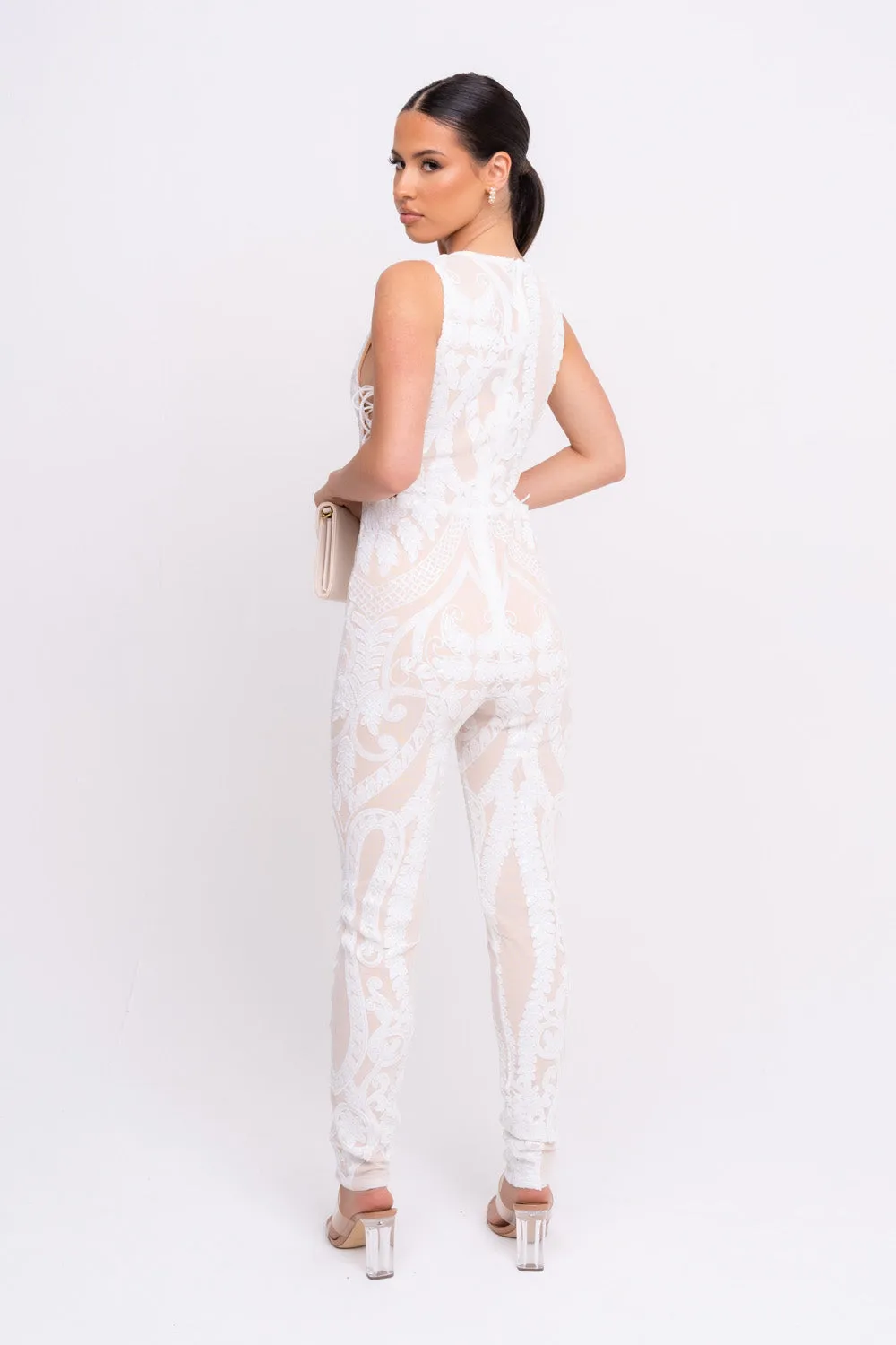 Epic White Luxe Deep Plunge Illusion Tie Sequin Mesh Embellished Jumpsuit