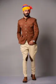 Exclusive Camel Brown Faux Suede Leather Hunting Style Bandhgala with Black Trouser| Youth Function Wear | Contemporary Vintage Style