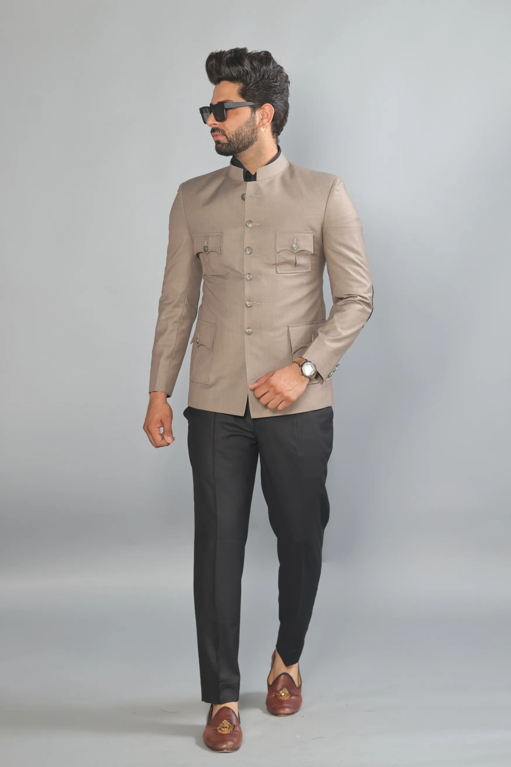 Exclusive Mink Brown  4 pocket Hunting Style Jodhpuri Bandh gala with Black Trouser | Elegant Elite Styling | Perfect for Family Weddings Formal Parties Ring Ceremony