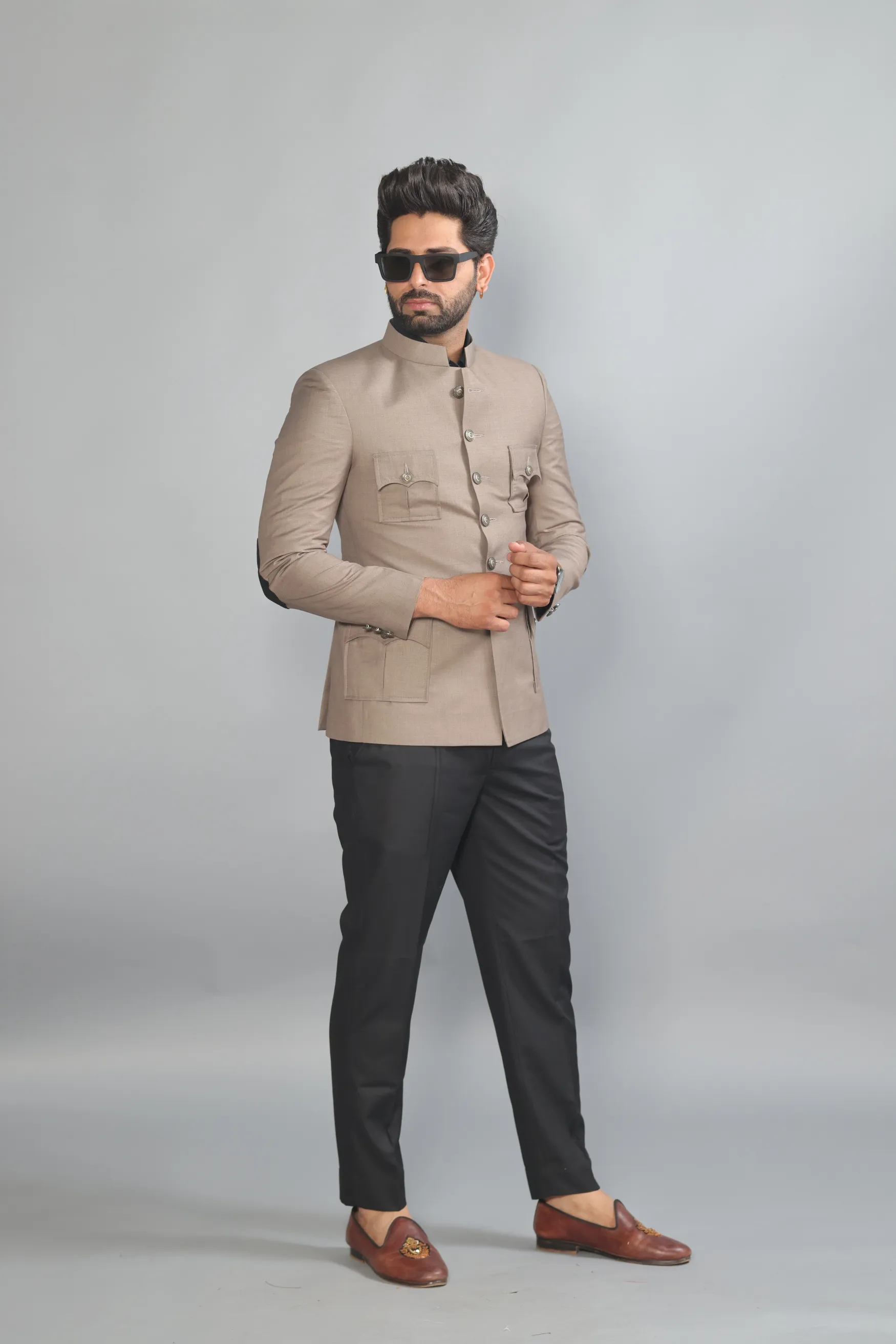 Exclusive Mink Brown  4 pocket Hunting Style Jodhpuri Bandh gala with Black Trouser | Elegant Elite Styling | Perfect for Family Weddings Formal Parties Ring Ceremony