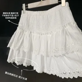 Faldas Mujer De Moda Sweet Women Skirt High Waist Embroidery Chic Jupe Temperament Lace Saia Hollow Out Folds White Skirts