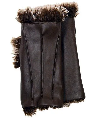 Fingerless / Driving Gloves - Vegan Leather in Chocolate with Silver Tipped Fox Faux Fur in Brown