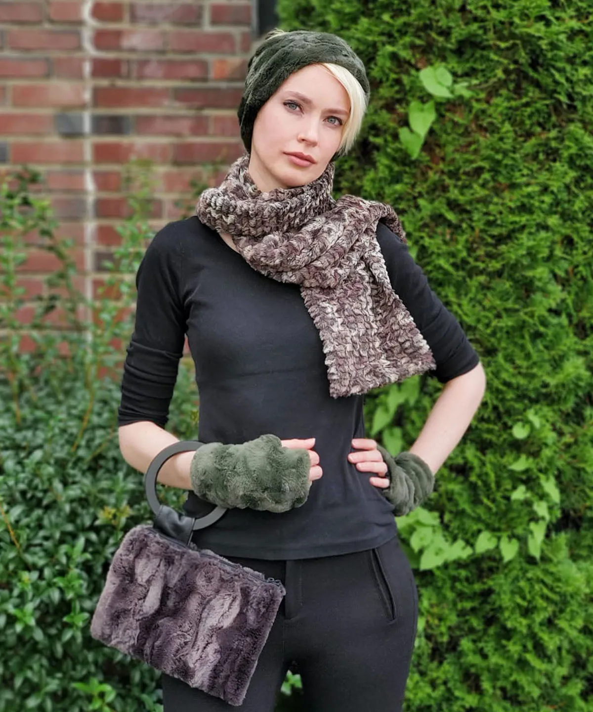 Fingerless / Texting Gloves, Reversible - Cuddly Faux Fur in Army Green