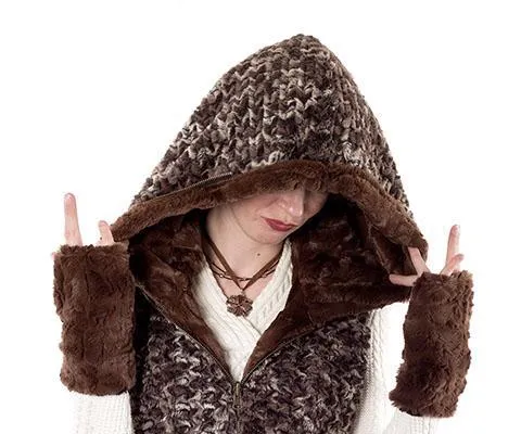 Fingerless / Texting Gloves, Reversible - Cuddly Faux Fur in Chocolate