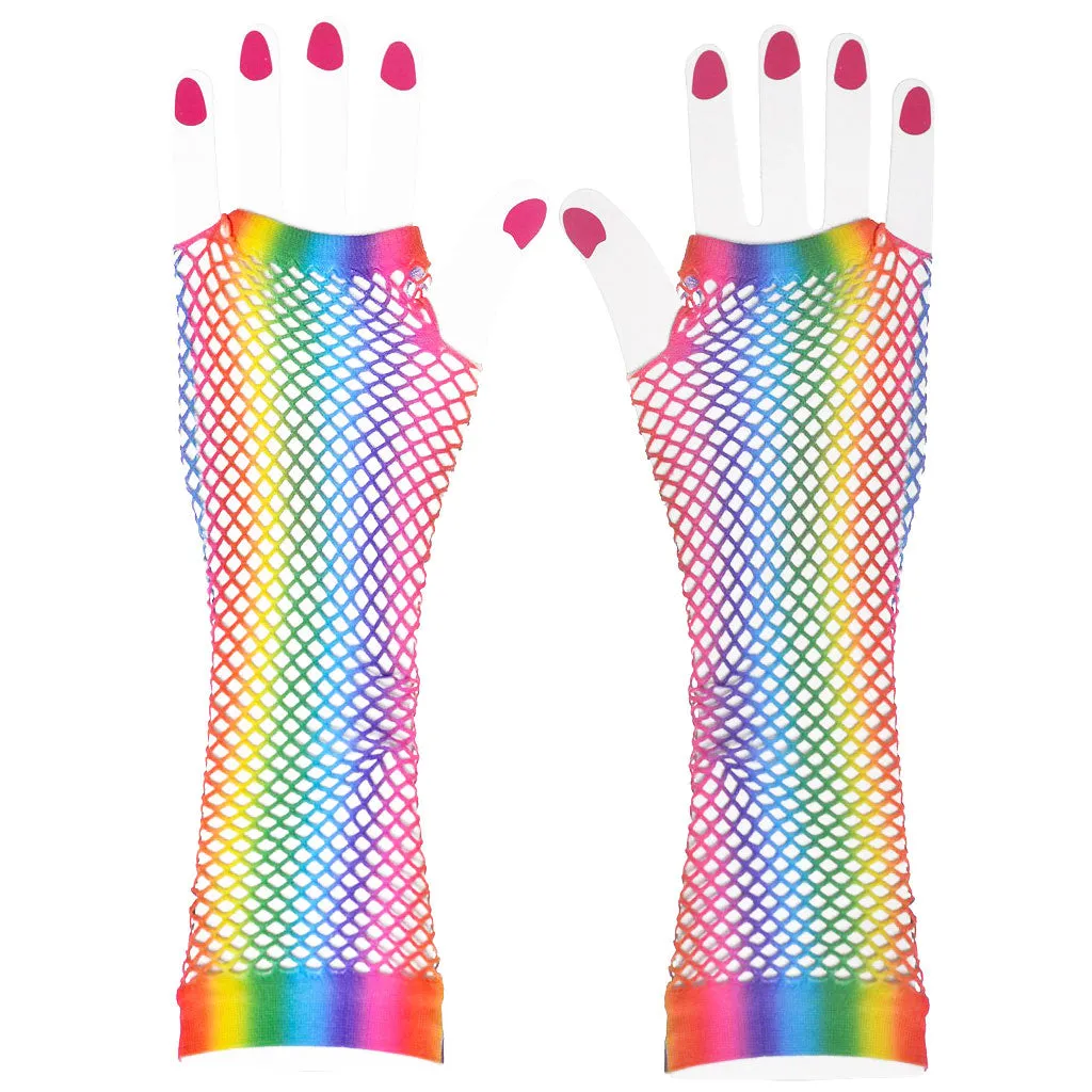 Fishnet Long Fingerless Gloves - Rainbow