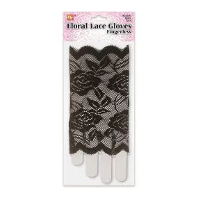 FLORAL LACE GLOVES - FINGERLESS (BLACK)