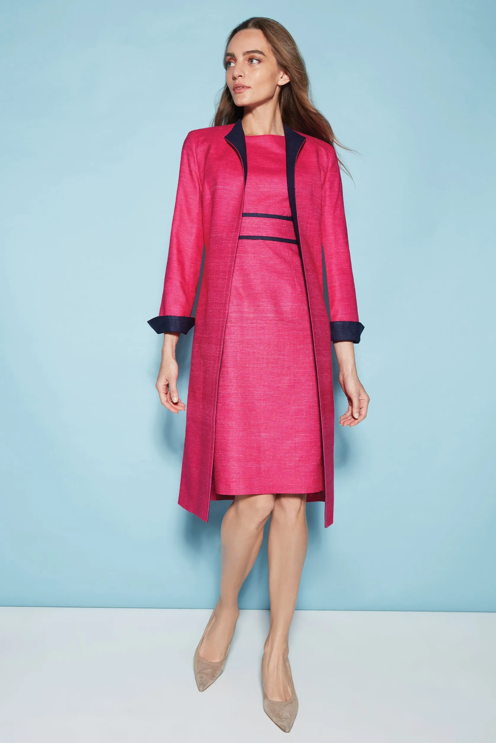 Fuchsia/Navy Raw Silk Dress with Waistband Detail - Anita