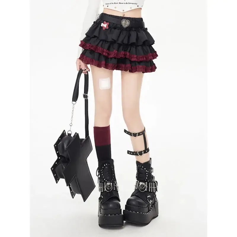 Girlary Y2k Gothic Mini Skirts Women Punk Vintage Sexy Ruffle Skirt Harajuku Layered Patchwork Grunge A-line Short Skirt Street