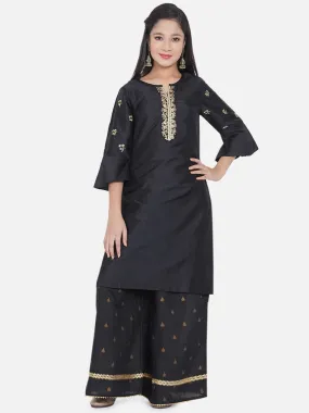 Girls Black Ethnic Motifs Embroidered Gotta Patti Kurti With Skirt