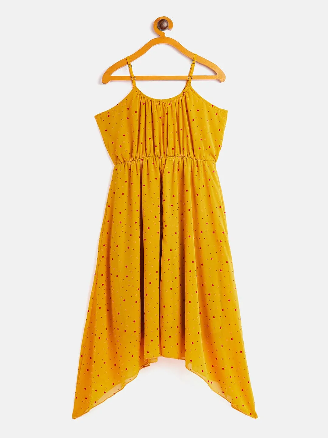 Girls Mustard Flock Georgette Strappy Dress