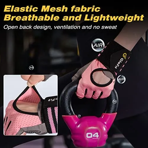 Glofit Workout Gloves with Wrist Wrap Support for Men & Women, Weight Lifting Gloves with Cuved Open Back Fingerless for Cycling, Gym, Training, Crossfit (Medium, Pink)