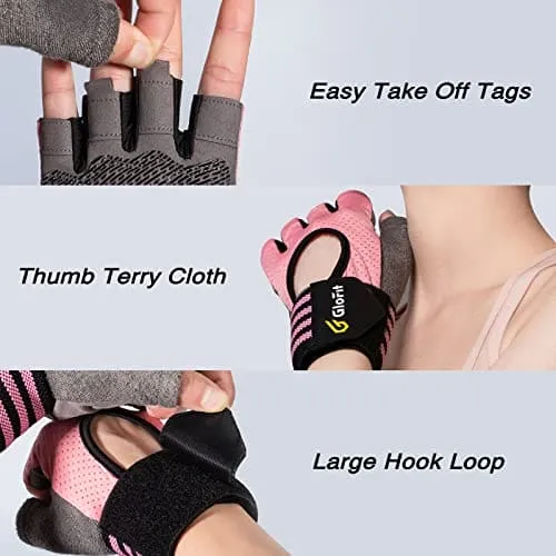 Glofit Workout Gloves with Wrist Wrap Support for Men & Women, Weight Lifting Gloves with Cuved Open Back Fingerless for Cycling, Gym, Training, Crossfit (Medium, Pink)